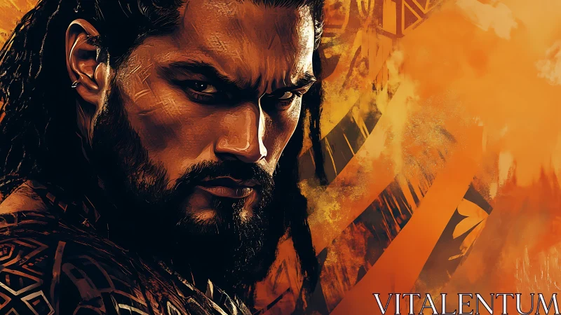 Warrior portrait glows against blazing tribal orange backdrop