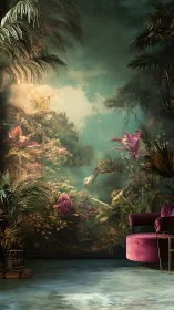 Luxurious interior with jungle mural and velvet armchair.