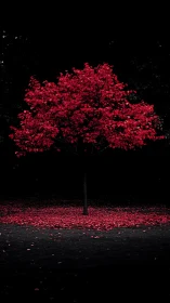 Solitary red tree on dark ground with scattered fallen leaves.