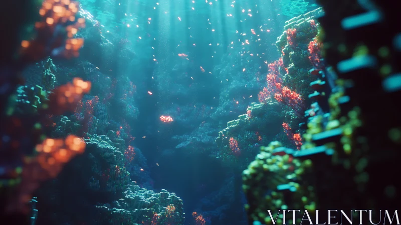 Volumetric light streams across voxel coral canyon seascape