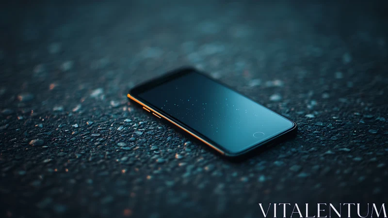 Smartphone on wet asphalt under teal-orange bokeh glow.