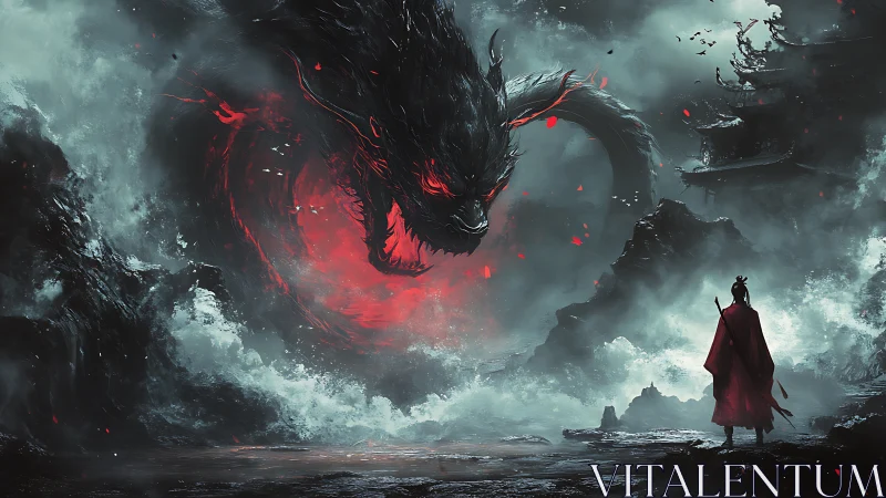 Samurai confronts colossal shadow dragon amid bloodstorm.