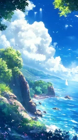 Coastal cliff shoreline with cumulus clouds and sailboat scene.