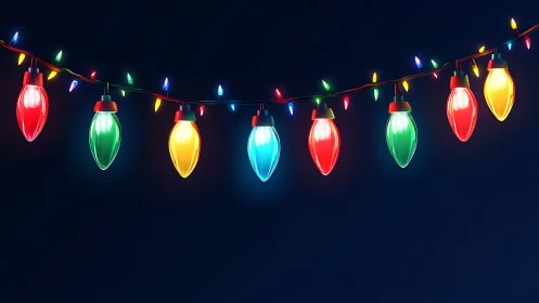 Colorful holiday string lights on deep midnight blue background.