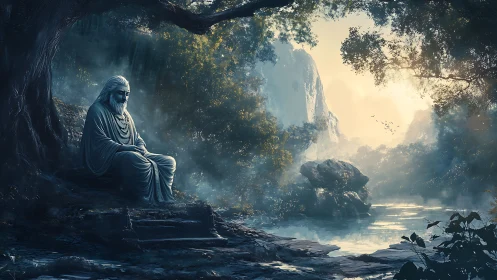 Silent stone sage listens to dawn breathing through mist