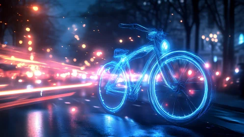 Neon-illuminated bicycle in urban nighttime setting.