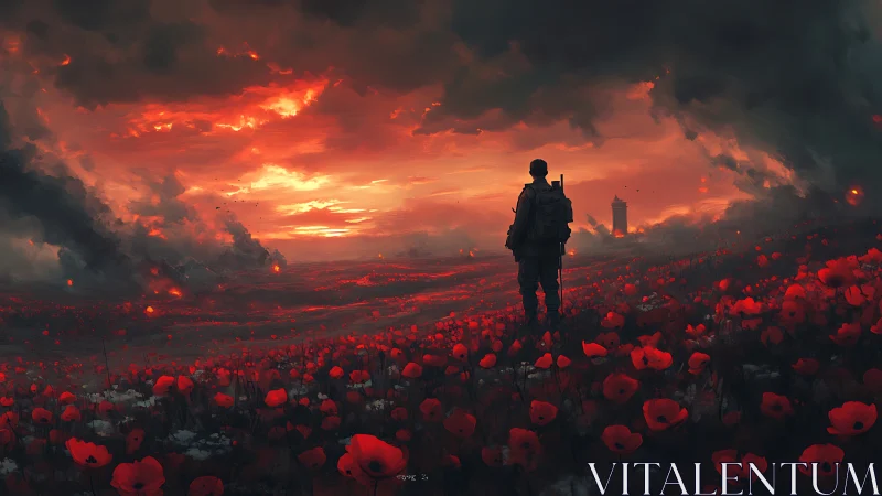 Solitary soldier surveys burning horizon over poppy field