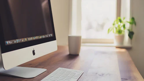 Calm home workspace with sunlight, coffee, and computer.