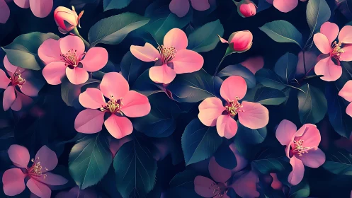 Pink Blossoms Against Dark Teal Foliage.
