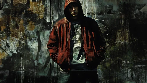 Hooded man in red jacket stands against dark painted wall