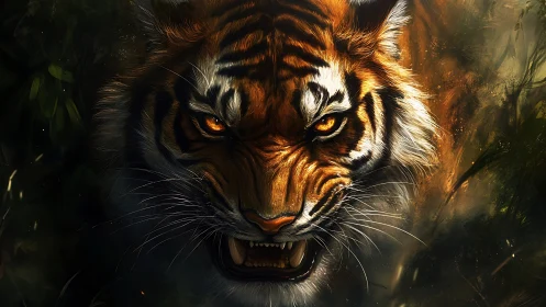 Snarling tiger head emerges from shadowed jungle light