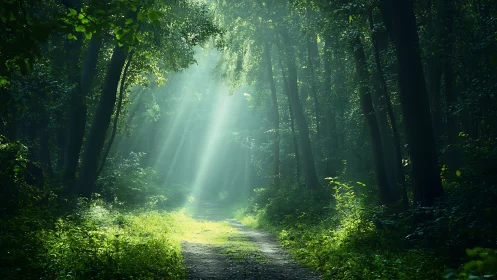 Sunlight Streaming Through Lush Green Forest Path, Nature Scene.
