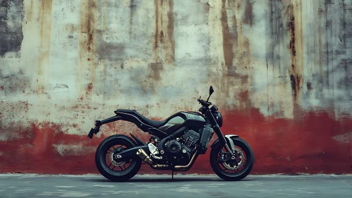 Street warrior idles calmly beside a weather-worn painted wall