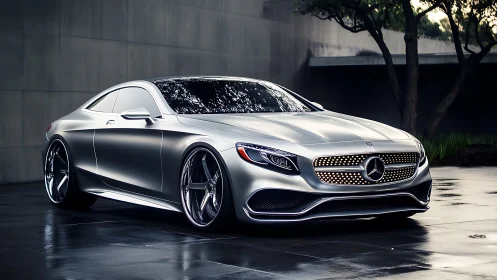 Silver luxury coupe under soft overcast exterior lighting.