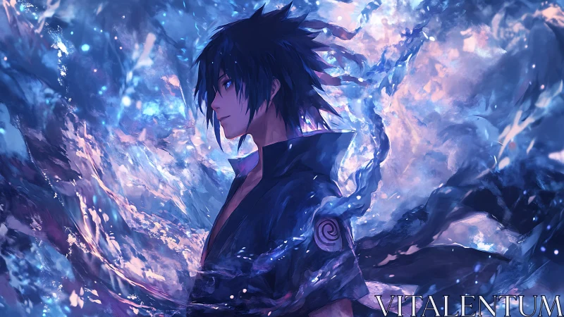 Anime boy stands in profile amid swirling blue energy field