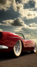 Red classic convertible parked on road under cloudy sky