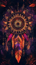 Radiant mandala dreamcatcher with luminous cosmic feathers.