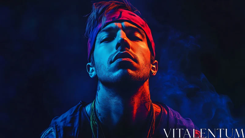 Portrait uses dual color lighting on subject against dark field