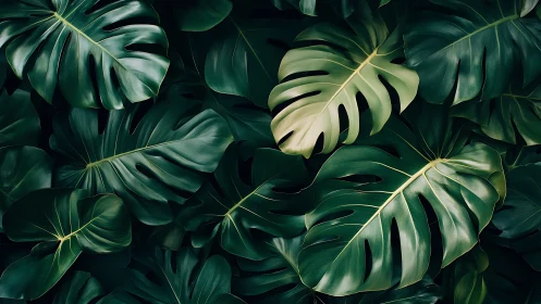 Photorealistic overlapping monstera canopy with lush gloss finish.