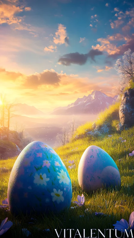 Sunrise meadow with painted eggs and dreamy mountainscape.
