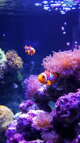Clownfish swim among pink sea anemones in lit aquarium