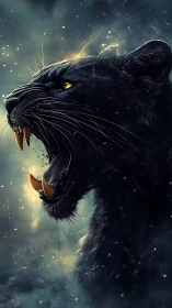 Snarling Black Panther with Luminous Particle Aura and Dramatic Lighting