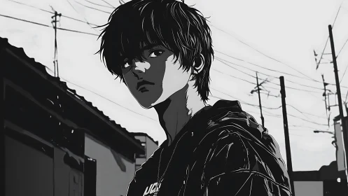 Monochrome urban street scene with solitary youth figure.