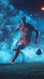 Dynamic soccer striker amid volumetric blue stadium fog.