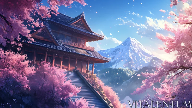 Mountain temple overlooks cherry blossoms in clear spring light