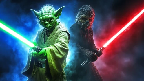 Legendary space duo poised in glowing lightsaber standoff.