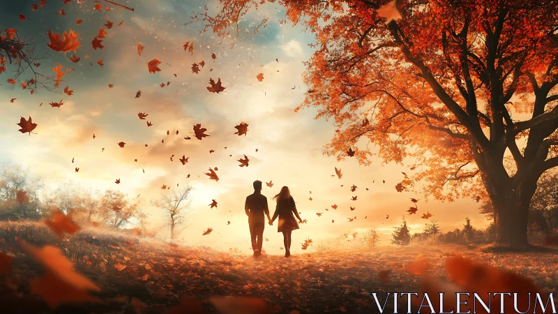 Couple Walking Through Autumn Leaves at Sunset.