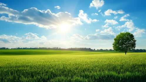 Sunlit meadow stretches wide beneath a lone, glowing tree.