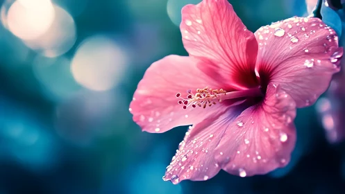 Pink Hibiscus with Dewdrops Against Teal Blue Background