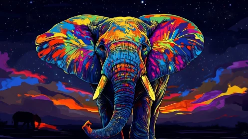 Radiant rainbow elephant glowing under a starry twilight sky.