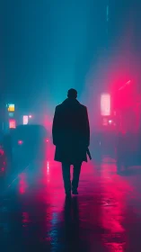Silhouette of lone pedestrian in neon lit urban street at night.