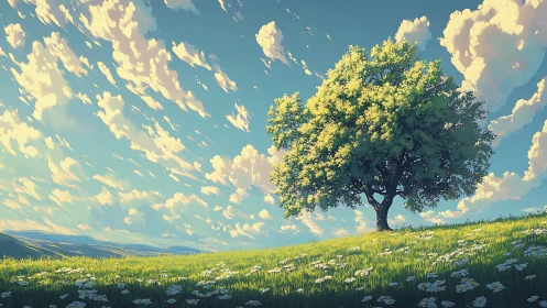 Solitary tree on sloping meadow under drifting clouds.