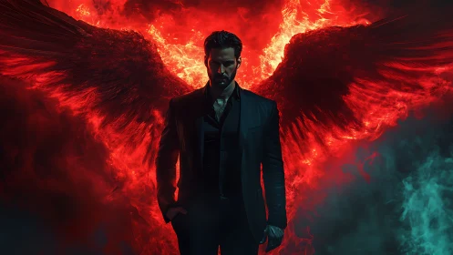 Dark angel emerges with blazing red infernal wings.