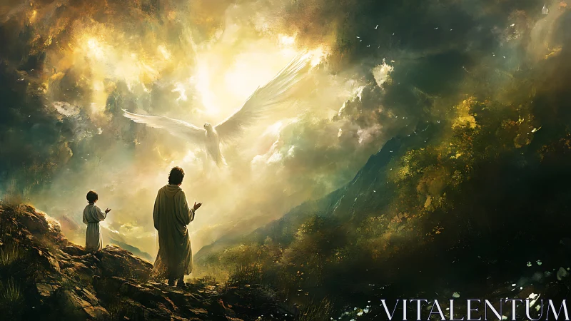 Radiant dove ascends above mystic pilgrims in stormlit sky.