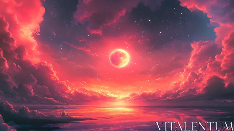 Lunar disc over reflective ocean beneath dense red clouds.