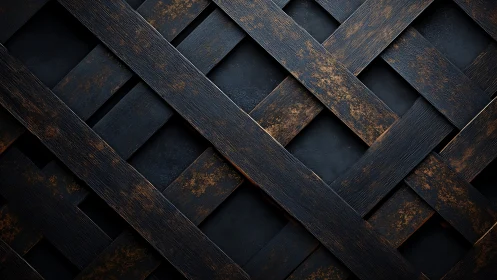 Interwoven dark metal slats with rustic burnished patina.