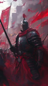 Digital painting of red-bannered armored knight in battle haze.