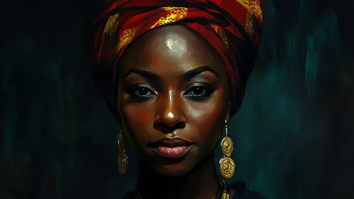 Portrait captures regal woman in vibrant patterned headwrap