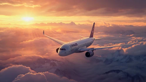 Passenger jet aircraft over cloud-covered mountain landscape.