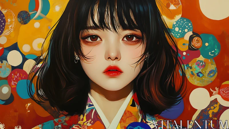 Digital portrait of kimono-clad woman against abstract circles