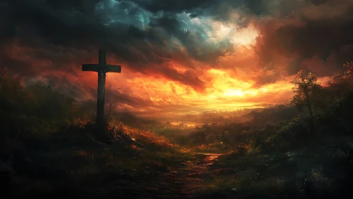 Sunset cross watching over a glowing valley path.