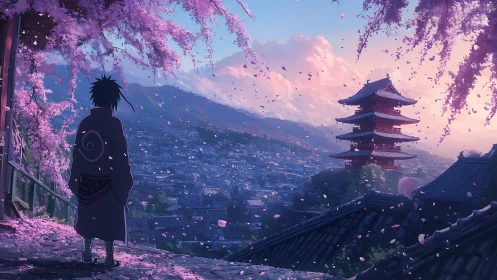Solitary figure surveys pagoda city beneath falling blossoms