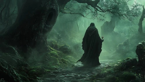Hooded necromancer traversing mist-laden mossy forest path