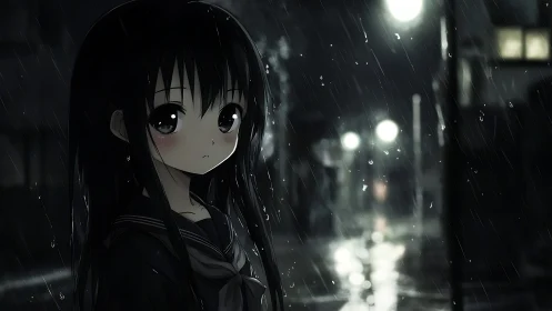 Rain-soaked midnight alley and quiet anime schoolgirl gaze.