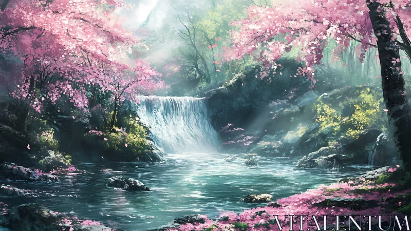 Blossom-veiled waterfall dreamscape in misty spring light.