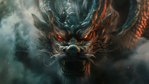Fiery dragon guardian emerging boldly from swirling smoke.